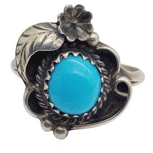 Sterling Silver Turquoise Ring Blue Floral Leaf Southwestern Size 6 Vintage Boho